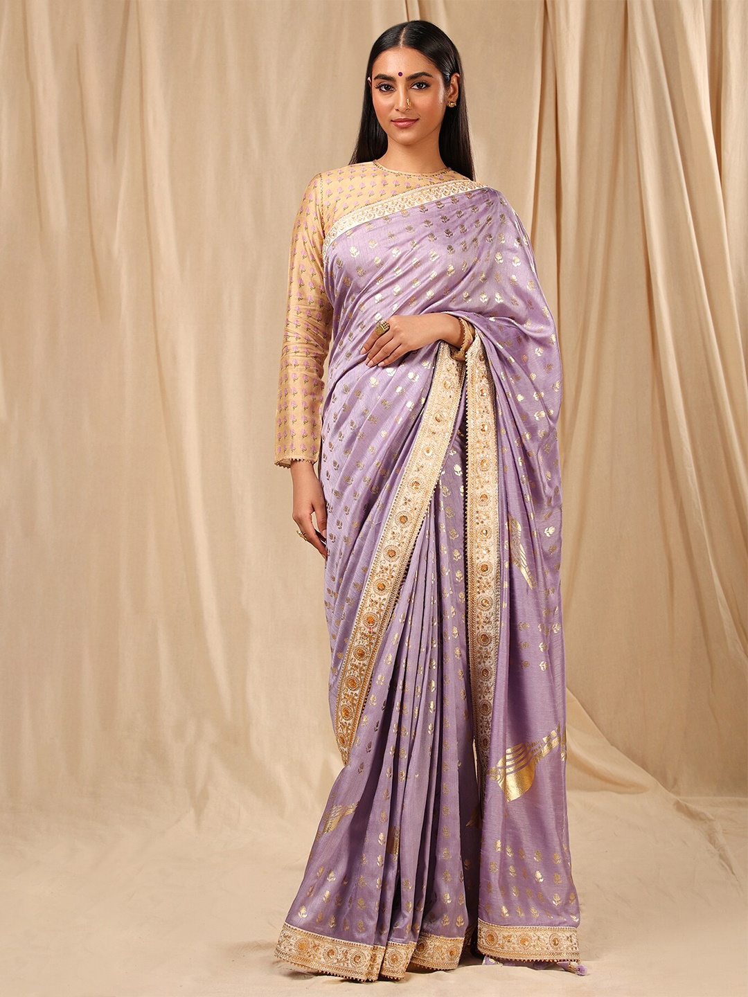 

Masaba Lavender & Gold-Toned Floral Embroidered Silk Blend Saree