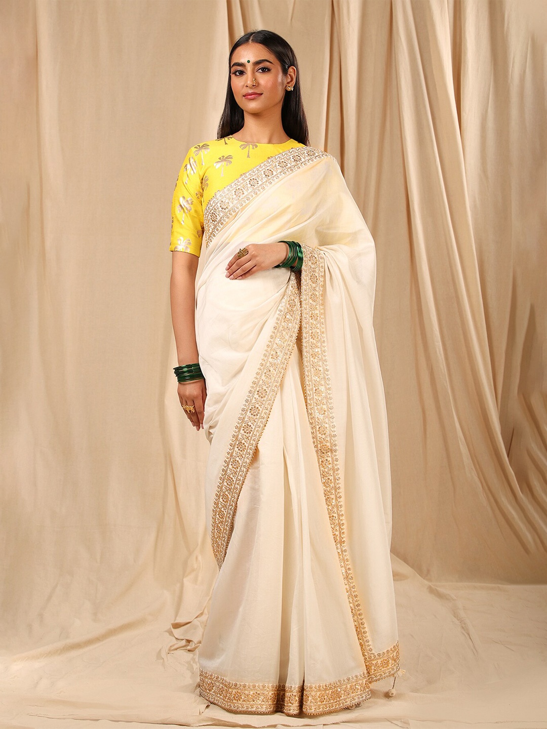 

Masaba White & Gold-Toned Embroidered Silk Cotton Chanderi Saree