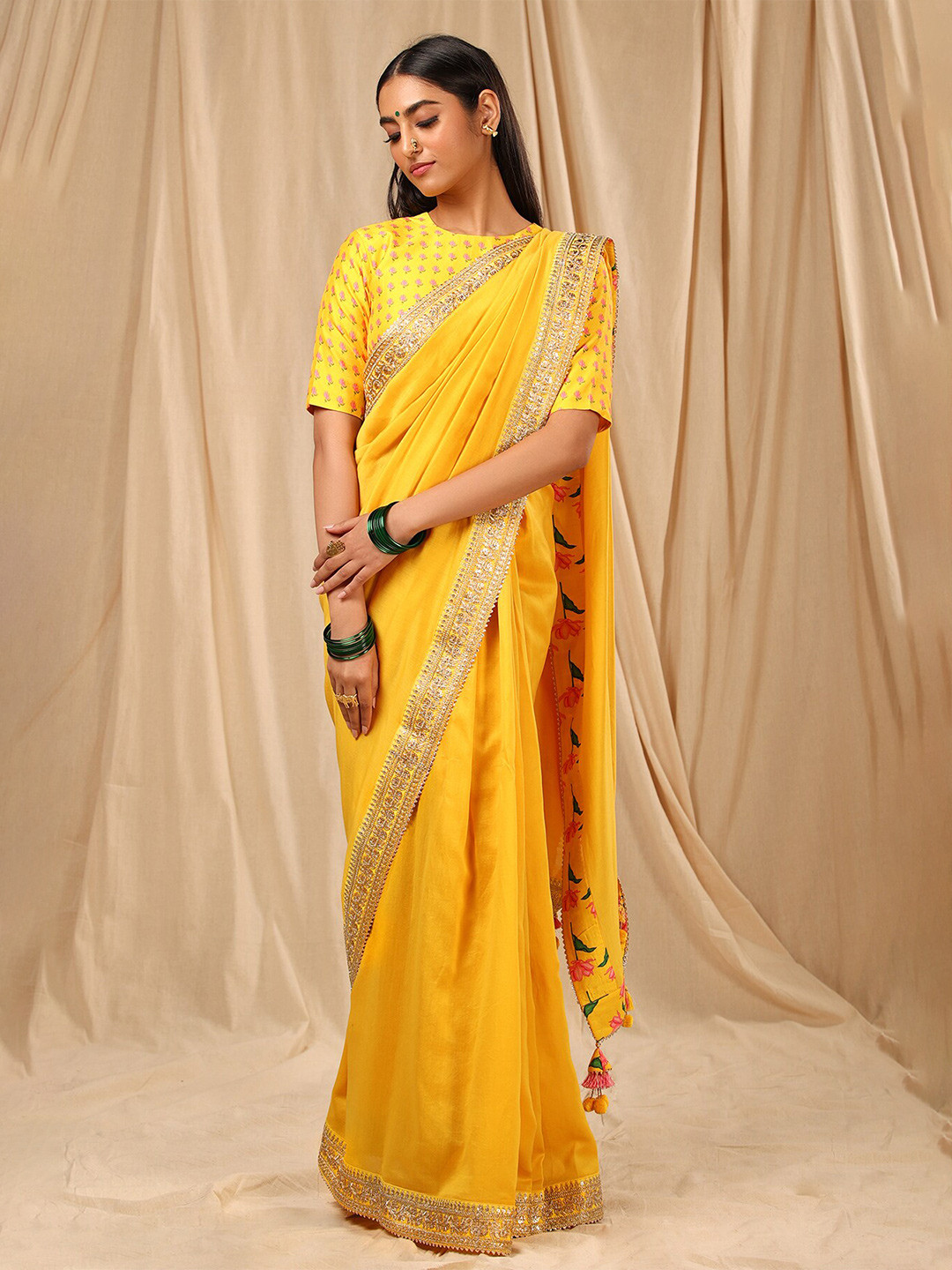 

Masaba Yellow & Gold-Toned Embroidered Silk Cotton Chanderi Saree