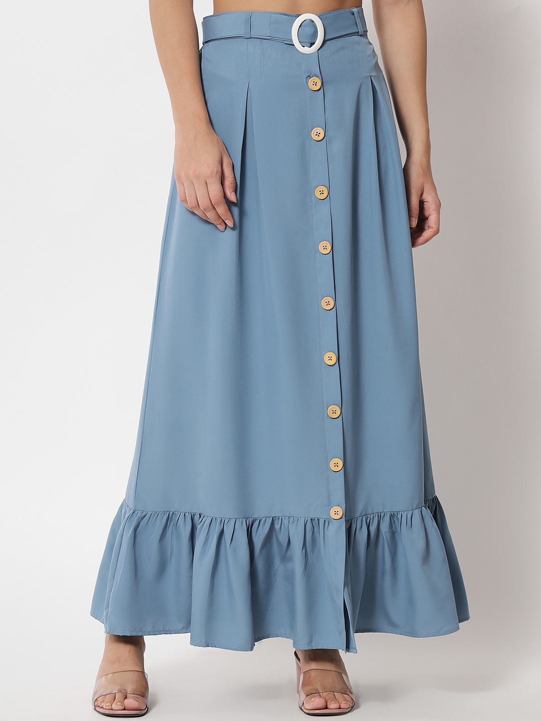 

Kannan Women Blue Solid Flared Maxi Denim Skirts