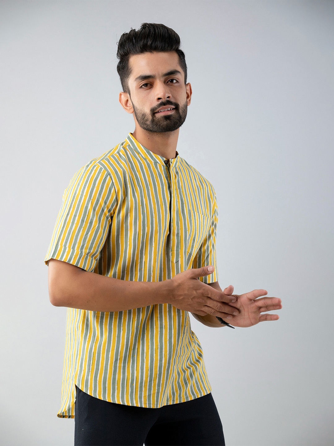

Sutidora Men Yellow Standard Striped Cotton Casual Shirt