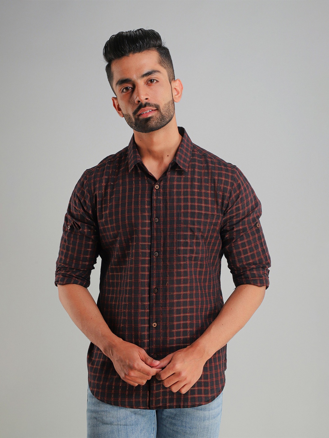 

Sutidora Men Standard Tartan Checks Checked Casual Shirt, Black