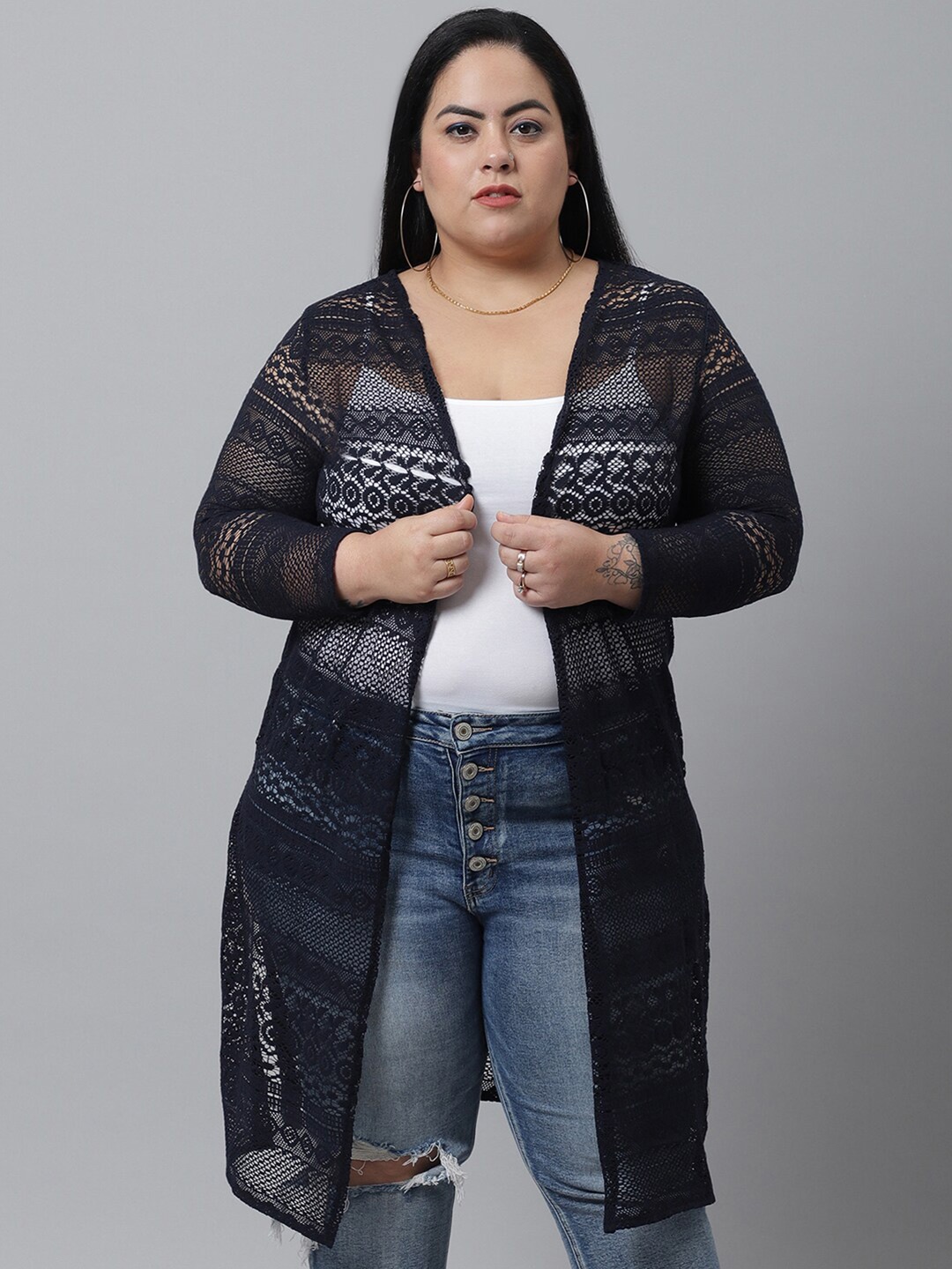 

Rute Women Blue Self-Design Plus Size Cotton Shrug
