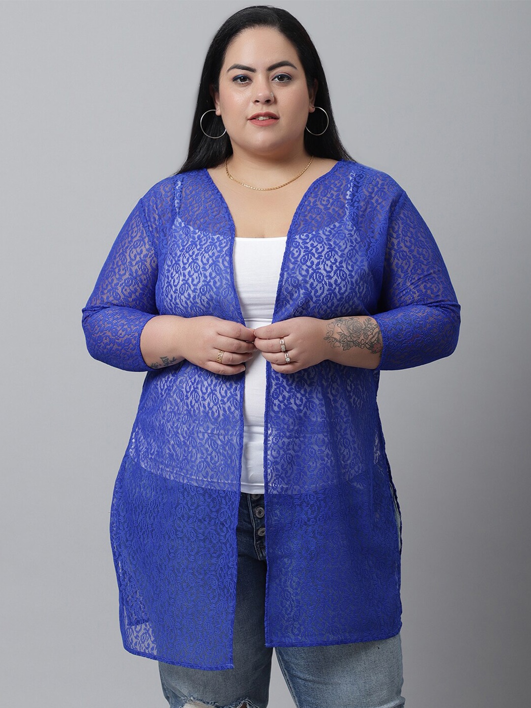 

Rute Women Blue Self-Design Plus Size Cotton Shrug