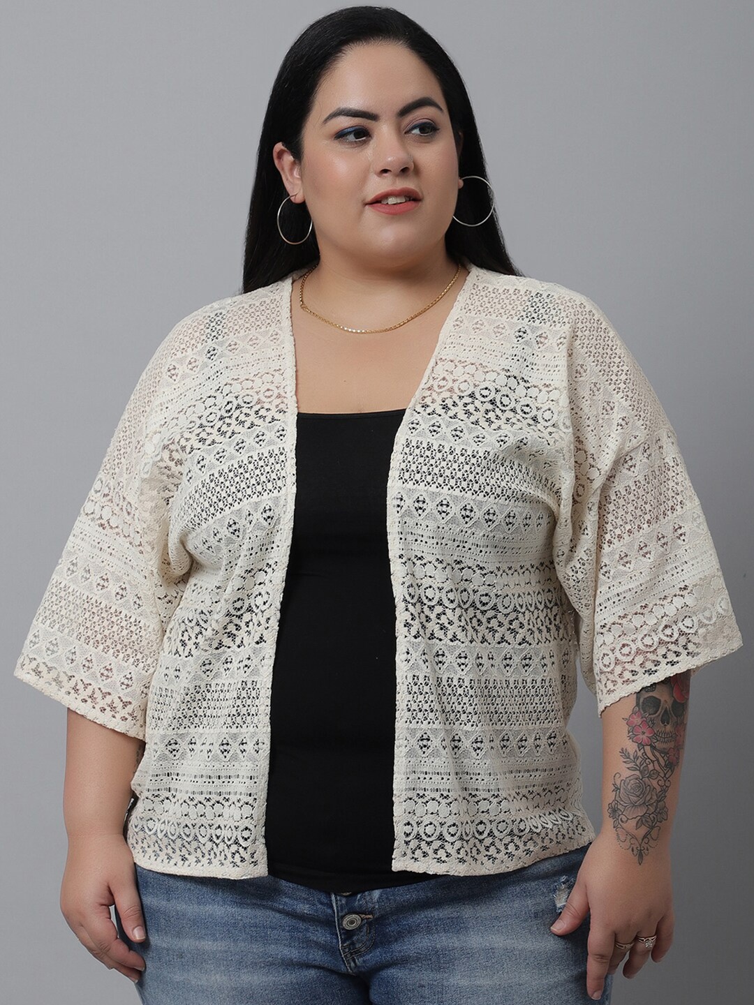 

Rute Women Off White Self-Design Plus Size Cotton Shrug