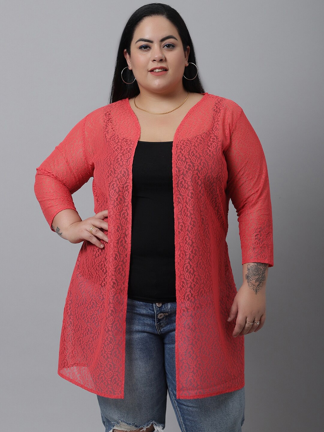 

Rute Women Red Self-Design Plus Size Cotton Shrug