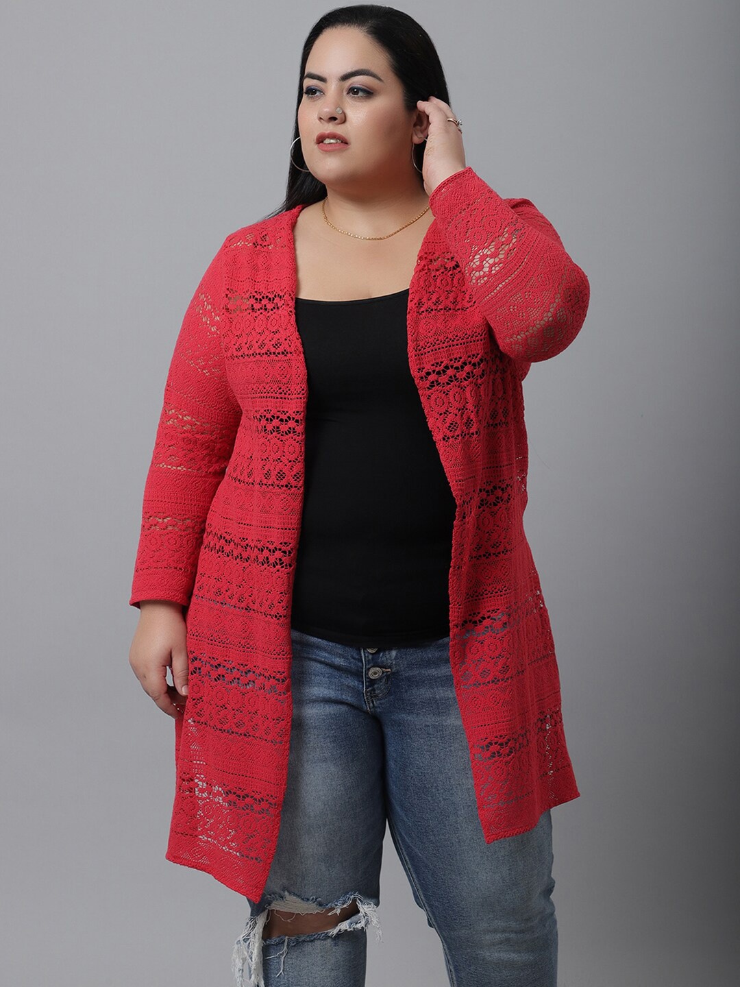 

Rute Women Red Self-Design Plus Size Cotton Shrug