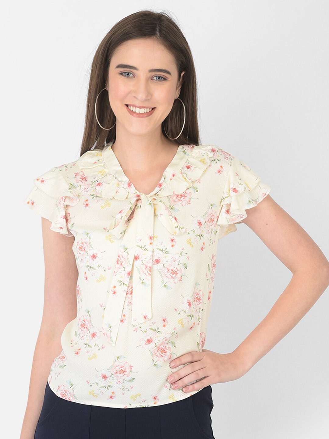 

Latin Quarters Yellow Floral Print Tie-Up Neck Top