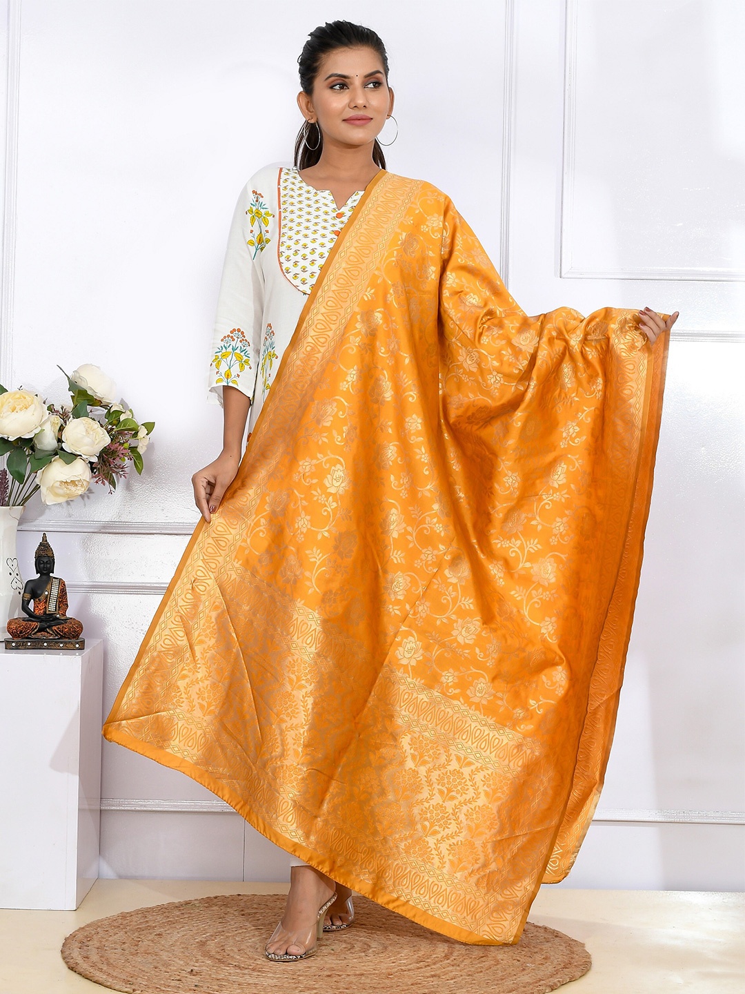 

Kesarya Mustard & Gold-Toned Ethnic Motifs Woven Design Pure Silk Dupatta With Zari