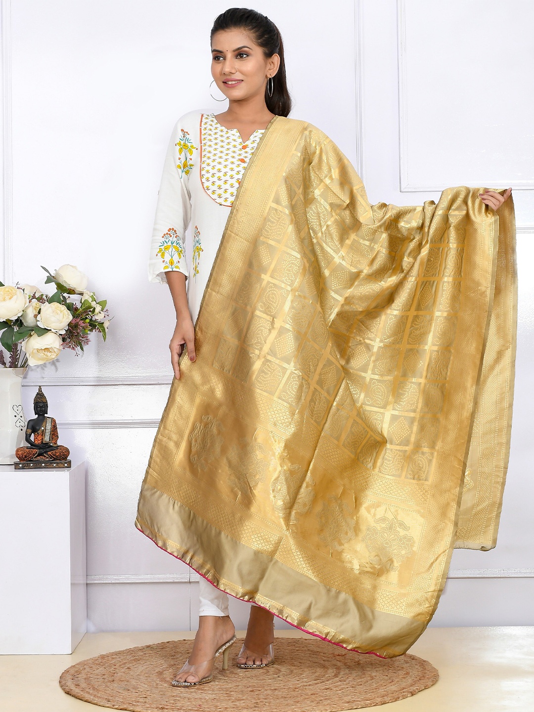 

Kesarya Men Gold Toned Ethnic Motifs Woven Design Pure Silk Dupatta with Zari