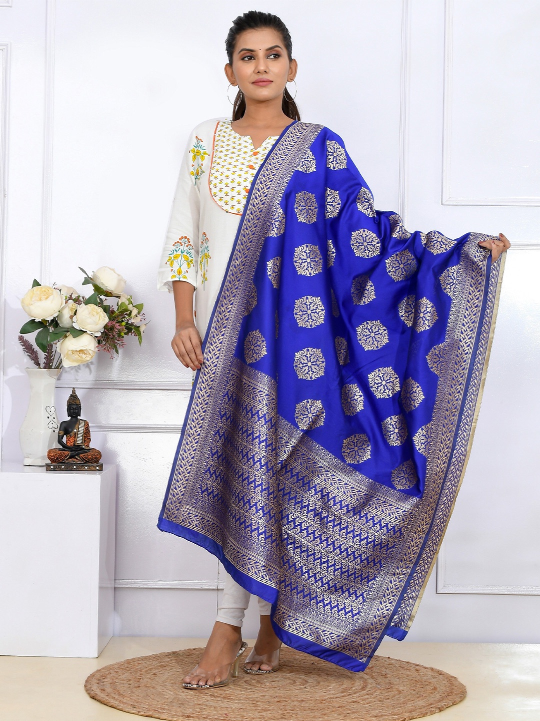 

Kesarya Blue & Gold-Toned Ethnic Motifs Woven Design Pure Silk Dupatta With Zari