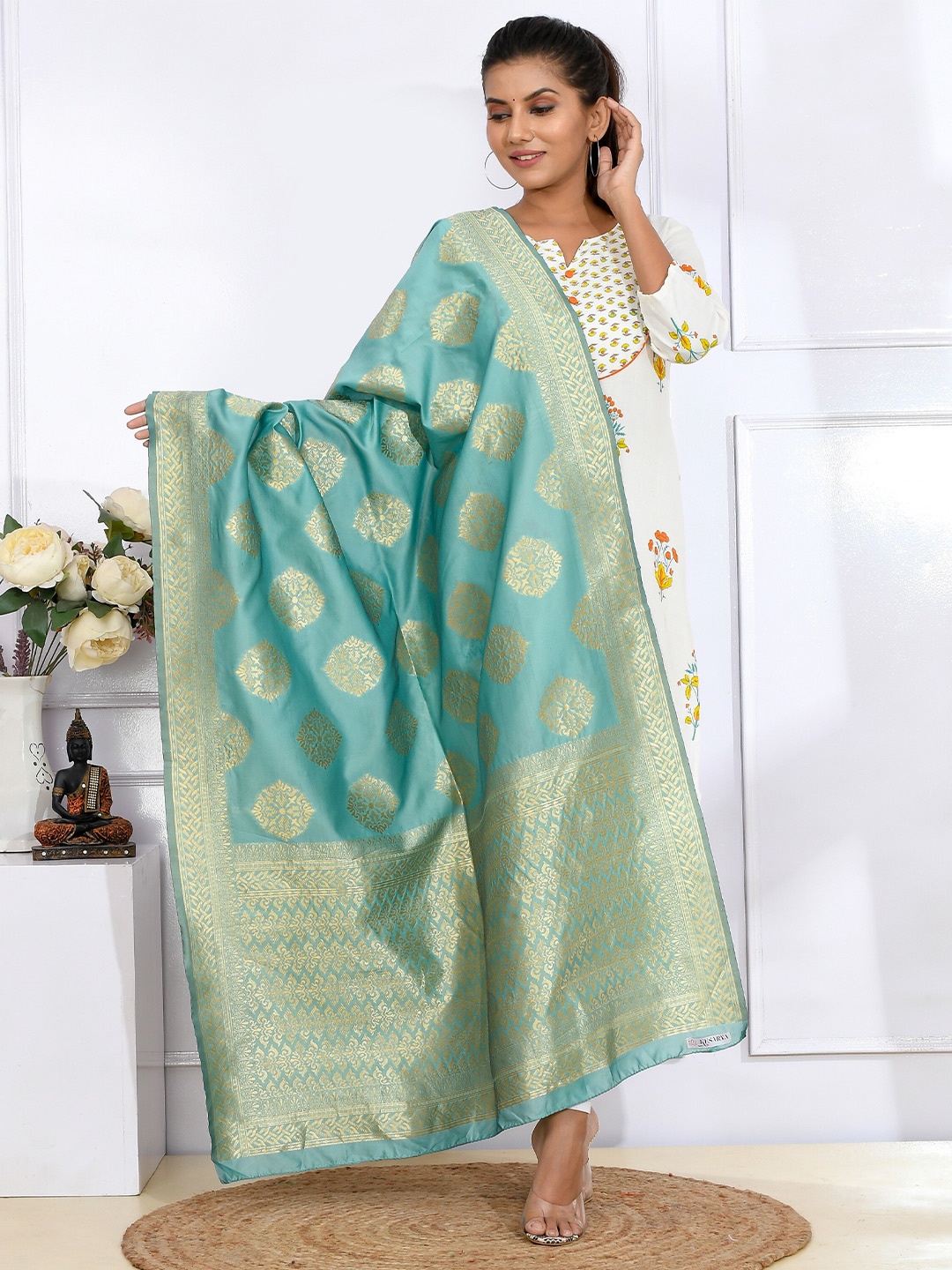 

Kesarya Turquoise Blue & Gold-Toned Ethnic Motifs Woven Design Pure Silk Dupatta With Zari