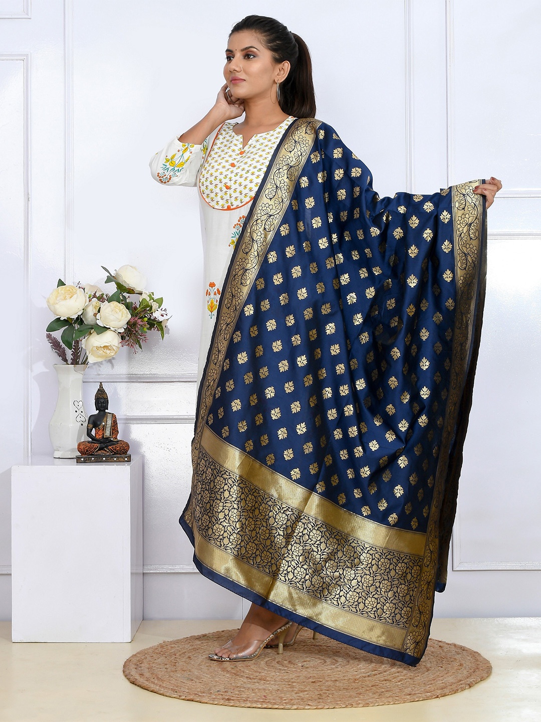 

Kesarya Navy Blue & Gold-Toned Ethnic Motifs Woven Design Pure Silk Dupatta With Zari