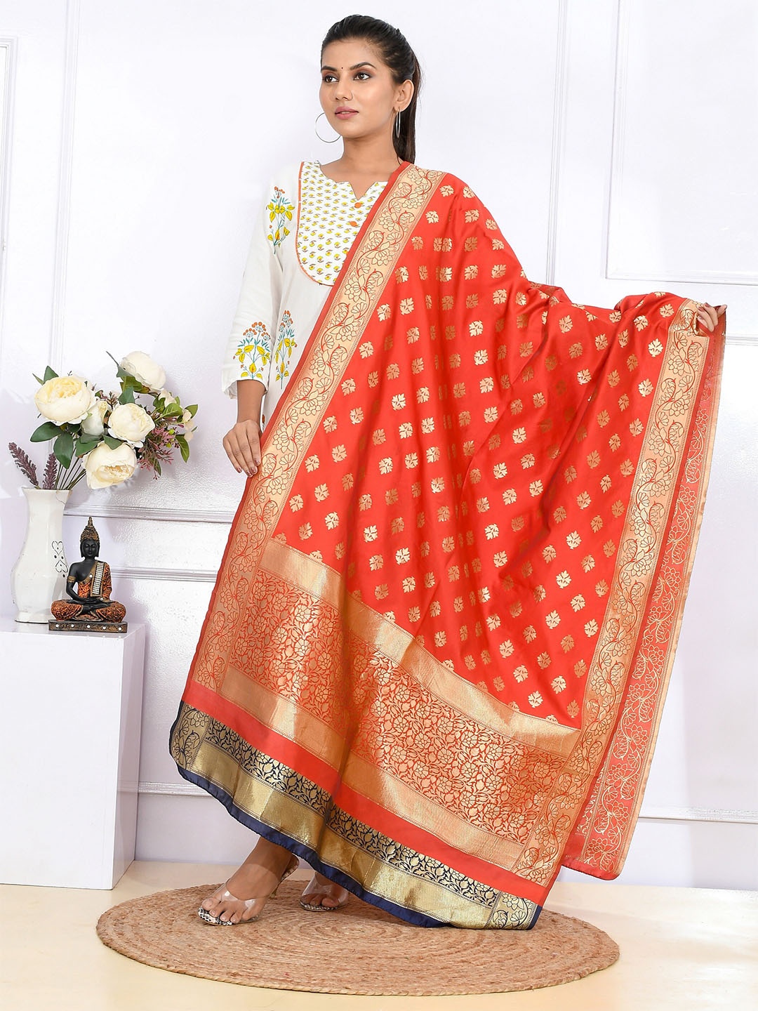 

Kesarya Red & Gold-Toned Ethnic Motifs Woven Design Pure Silk Dupatta With Zari