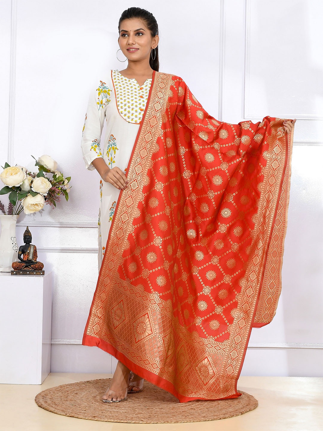 

Kesarya Red & Gold-Toned Ethnic Motifs Woven Design Pure Silk Dupatta With Zari