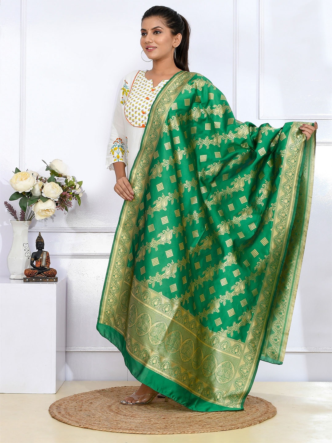 

Kesarya Green & Gold-Toned Ethnic Motifs Woven Design Pure Silk Dupatta