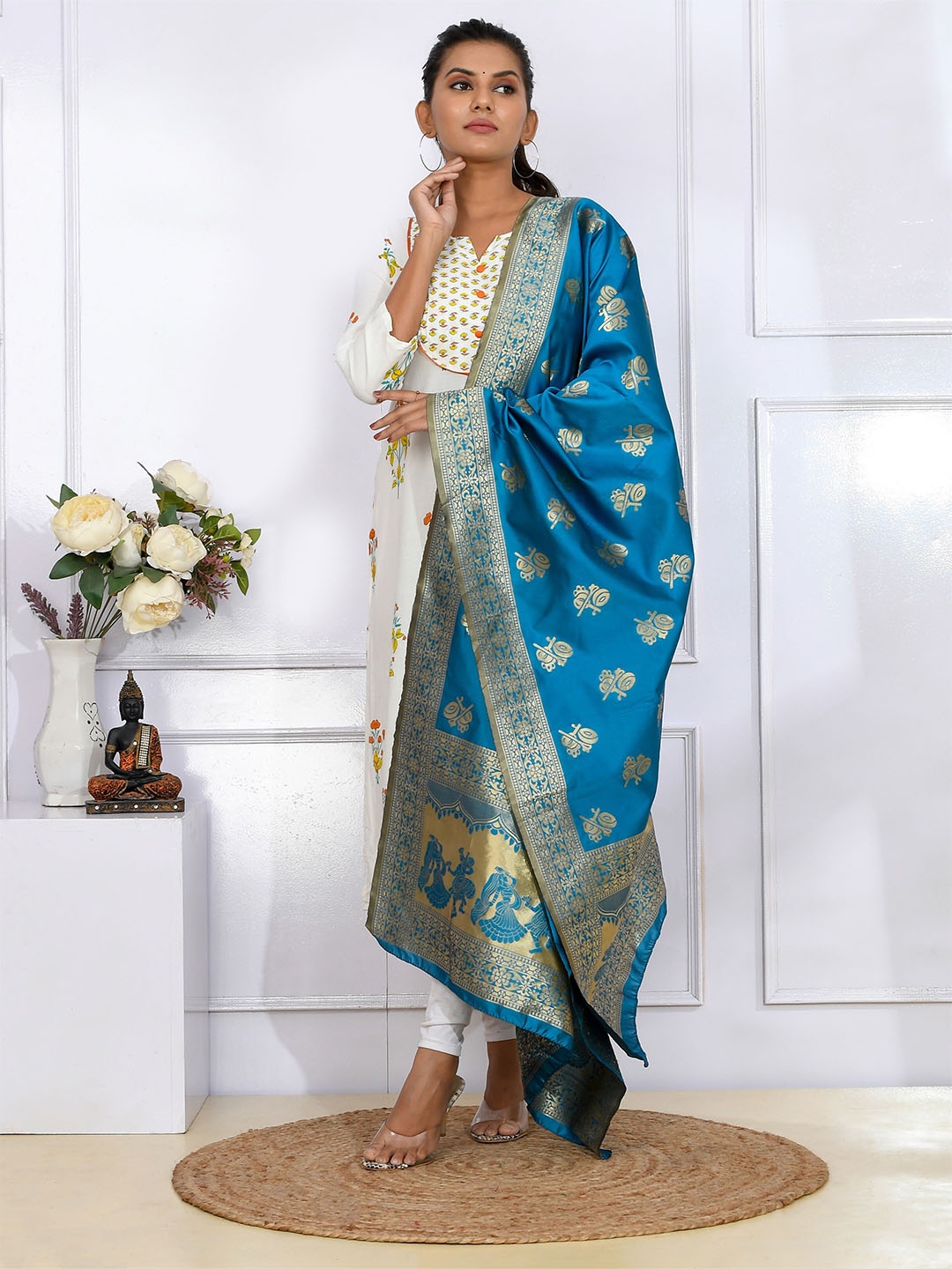 

Kesarya Blue & Gold-Toned Ethnic Motifs Woven Design Pure Silk Dupatta