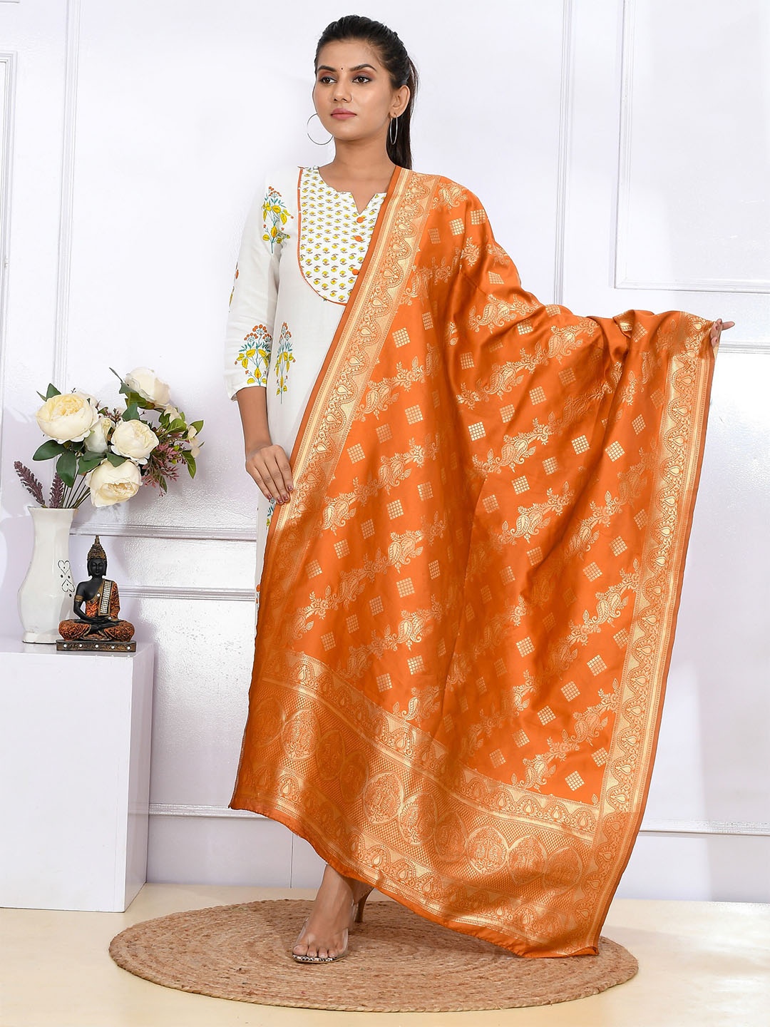 

Kesarya Orange & Gold-Toned Ethnic Motifs Woven Design Pure Silk Dupatta With Zari