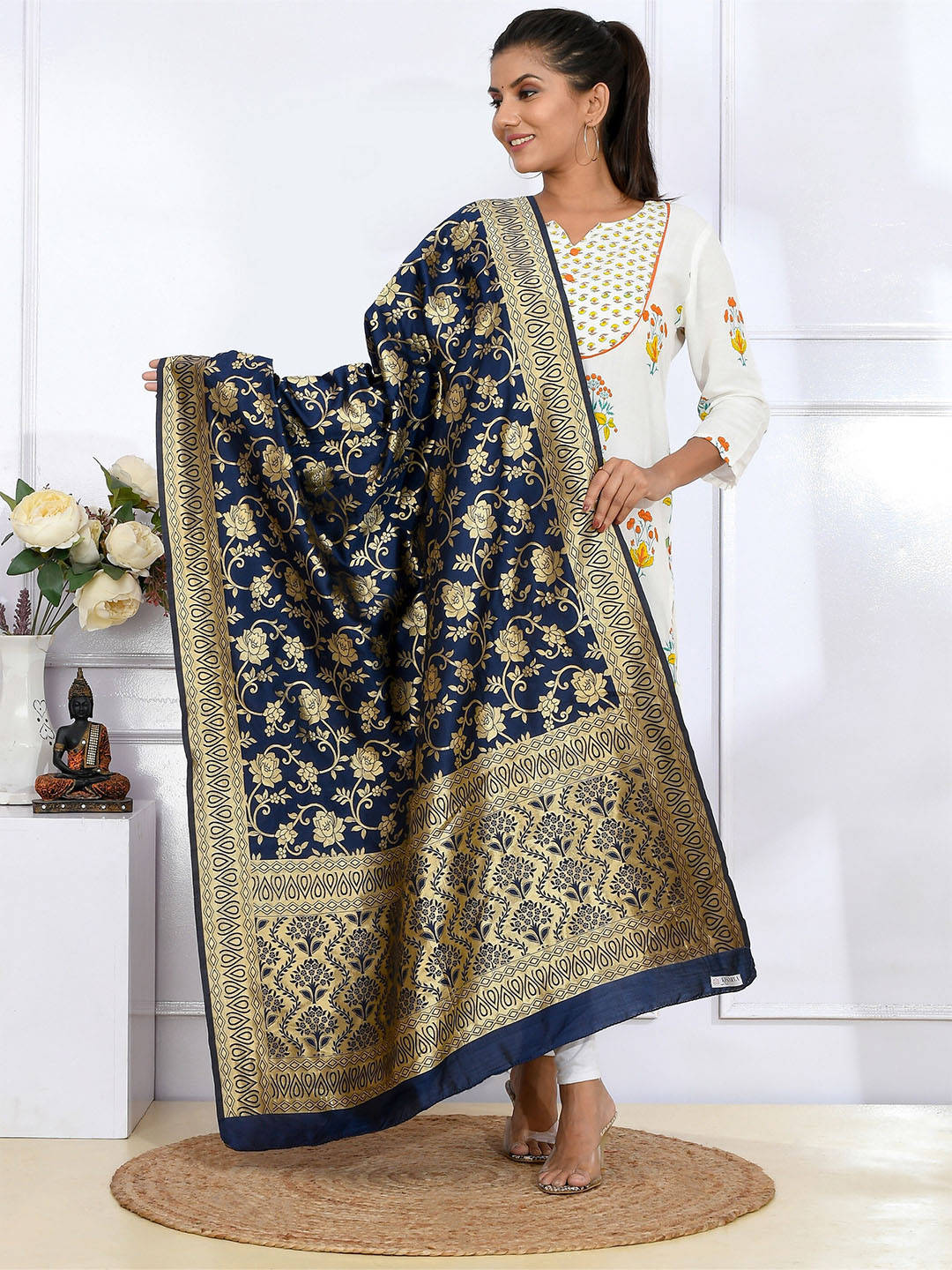 

Kesarya Navy Blue & Gold-Toned Ethnic Motifs Woven Design Pure Silk Dupatta
