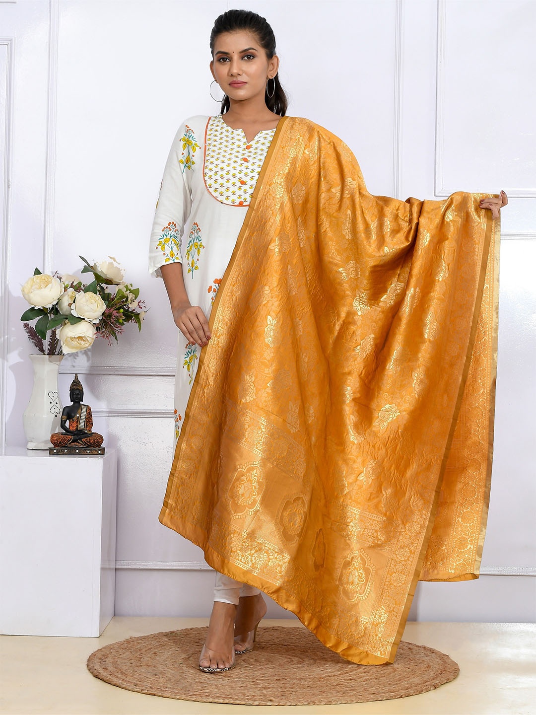 

Kesarya Women Mustard & Gold-Toned Woven Design Pure Silk Dupatta with Zari