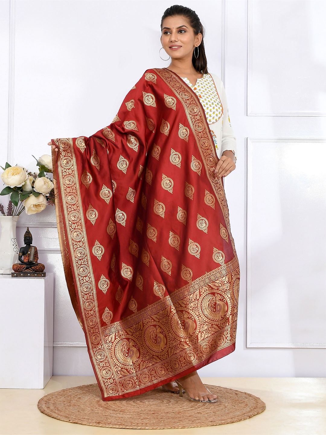 

Kesarya Maroon & Gold-Toned Ethnic Motifs Woven Design Pure Silk Dupatta With Zari