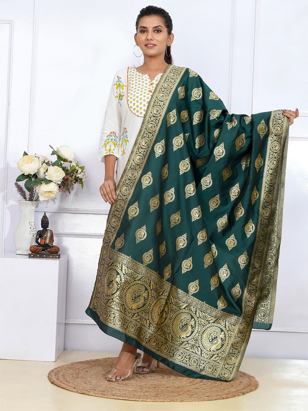 

Kesarya Ethnic Motifs Woven Design Pure Silk Dupatta with Zari, Teal