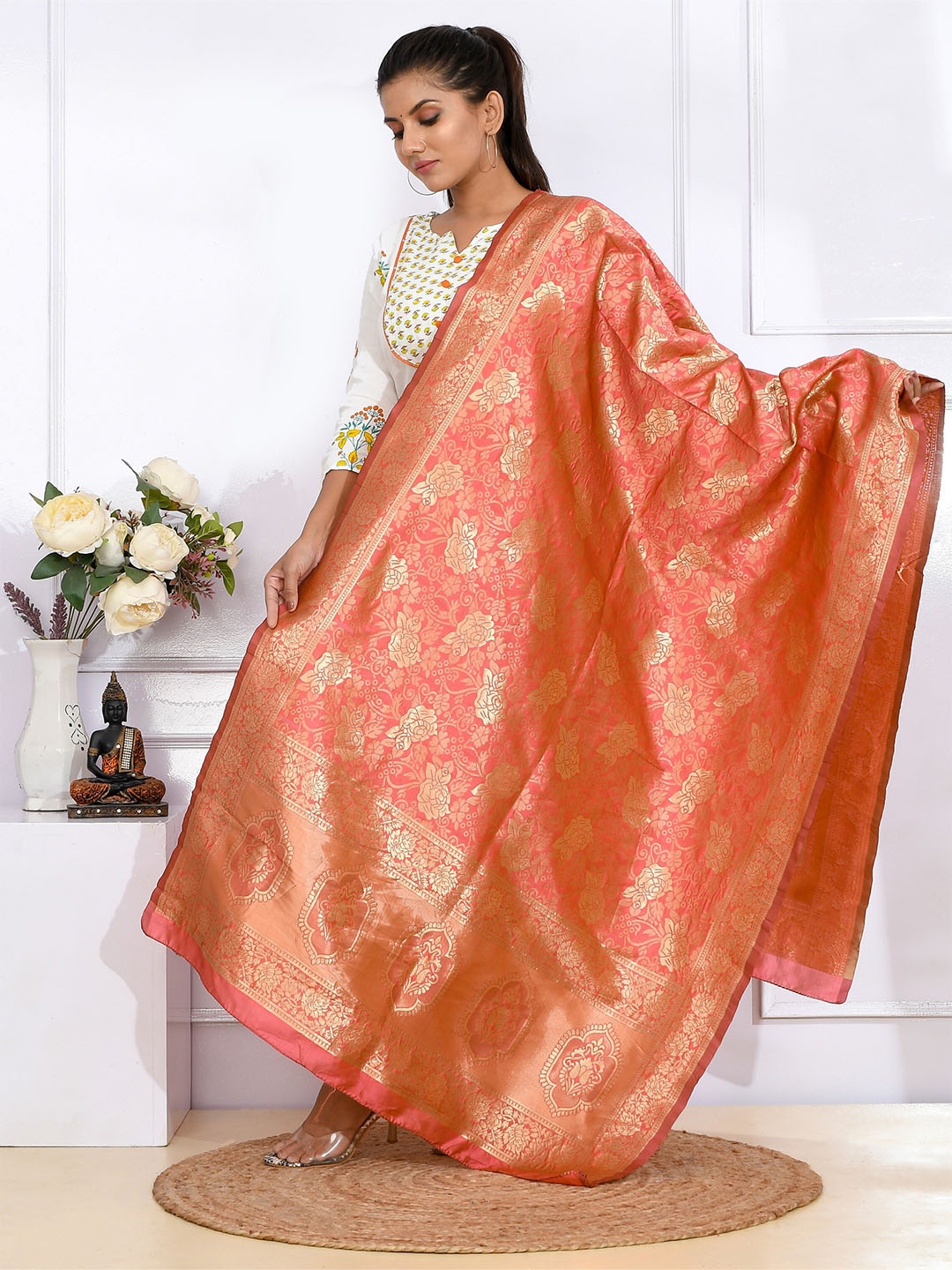 

Kesarya Pink & Gold-Toned Ethnic Motifs Woven Design Pure Silk Dupatta