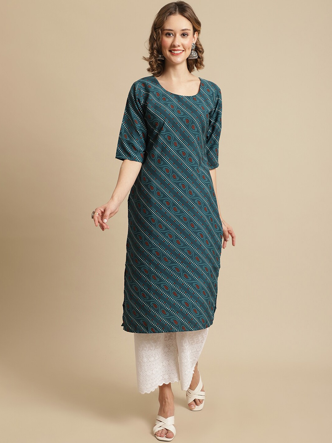 

KALINI Women Blue & Green Ethnic Motifs Striped Flared Sleeves Handloom Crepe Kurta