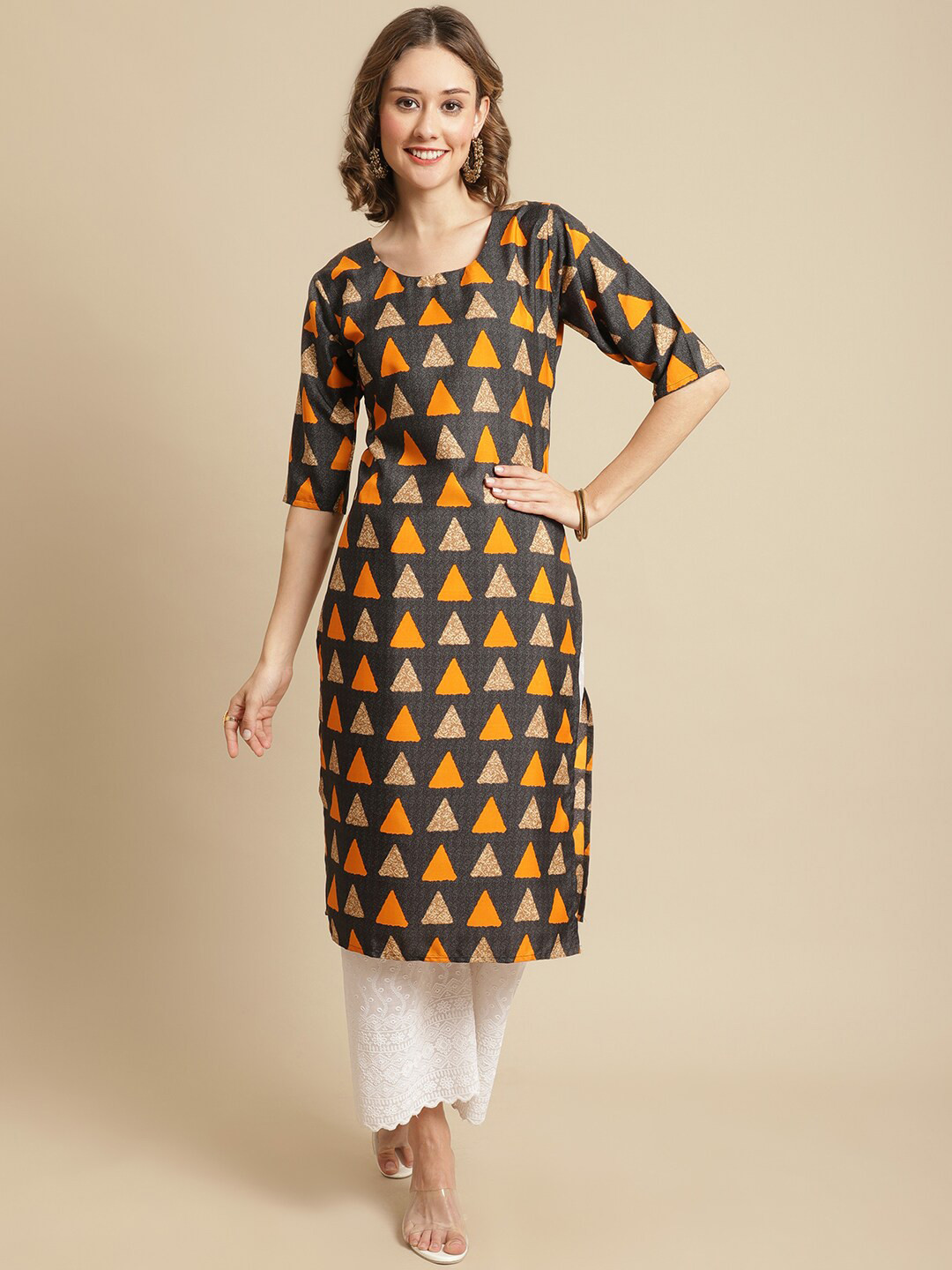 

KALINI Women Orange & Green Geometric Printed Crepe Kurta