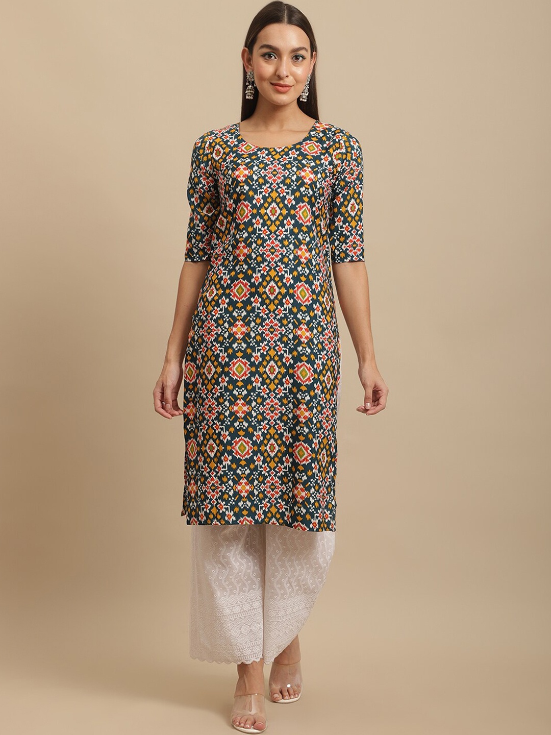 

KALINI Women Olive Green & Black Ethnic Motifs Printed Block Print Handloom Crepe Kurta