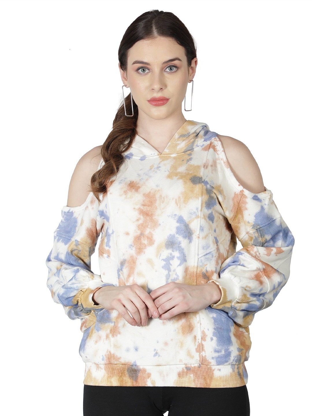 

NUEVOSDAMAS Women Beige & Blue Abstract Printed Cold shoulder Cotton Hooded Sweatshirt