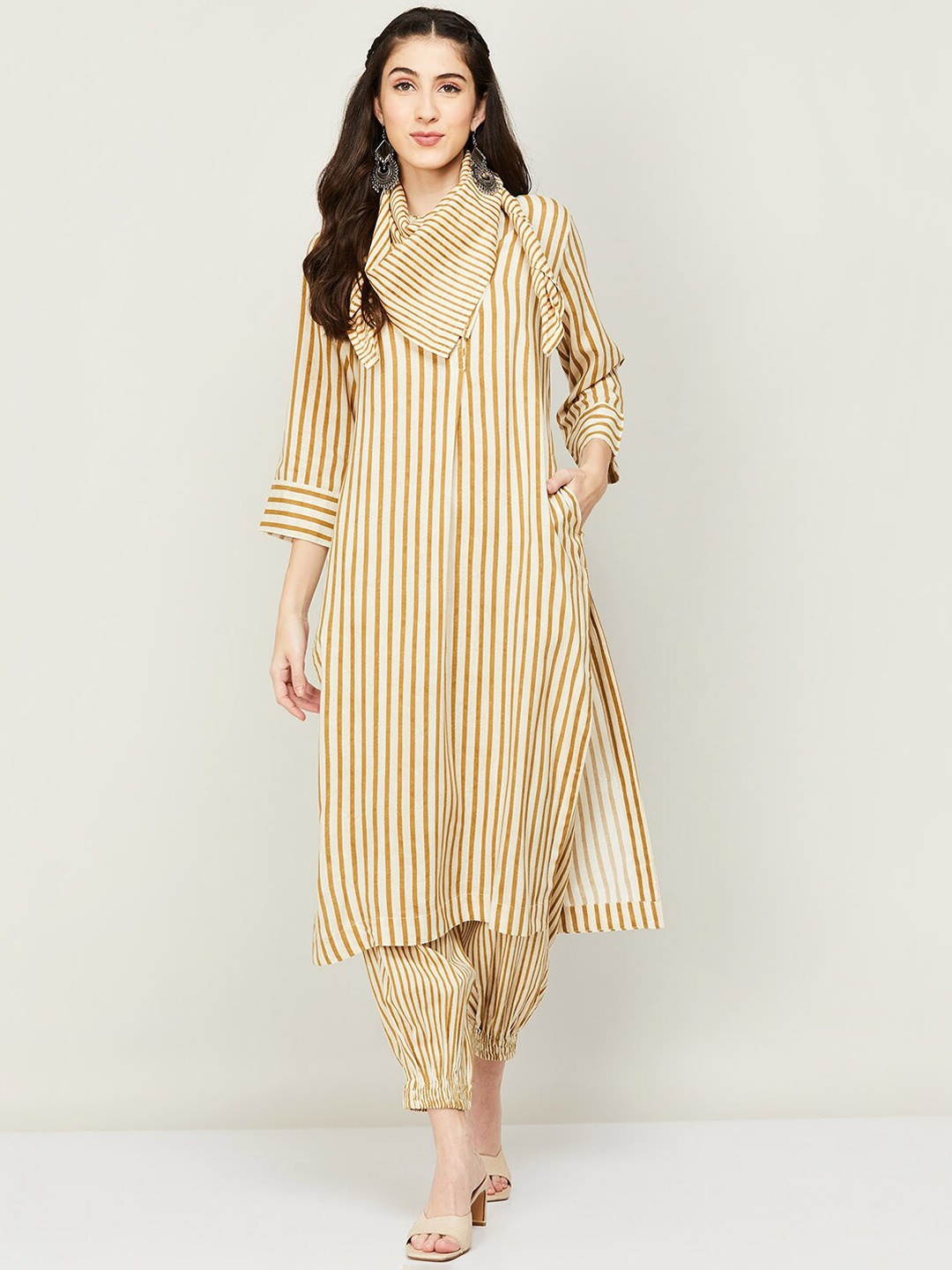 

Melange by Lifestyle Women Mustard Yellow Striped Kurta with Harem Pants & With Dupatta