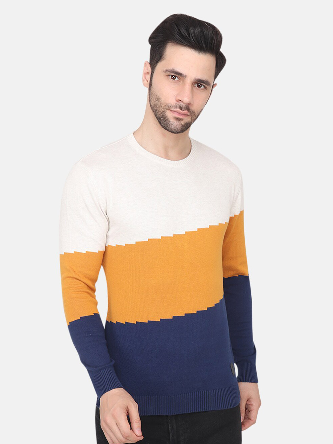 

Albion Men Mustard & White Colourblocked Pullover