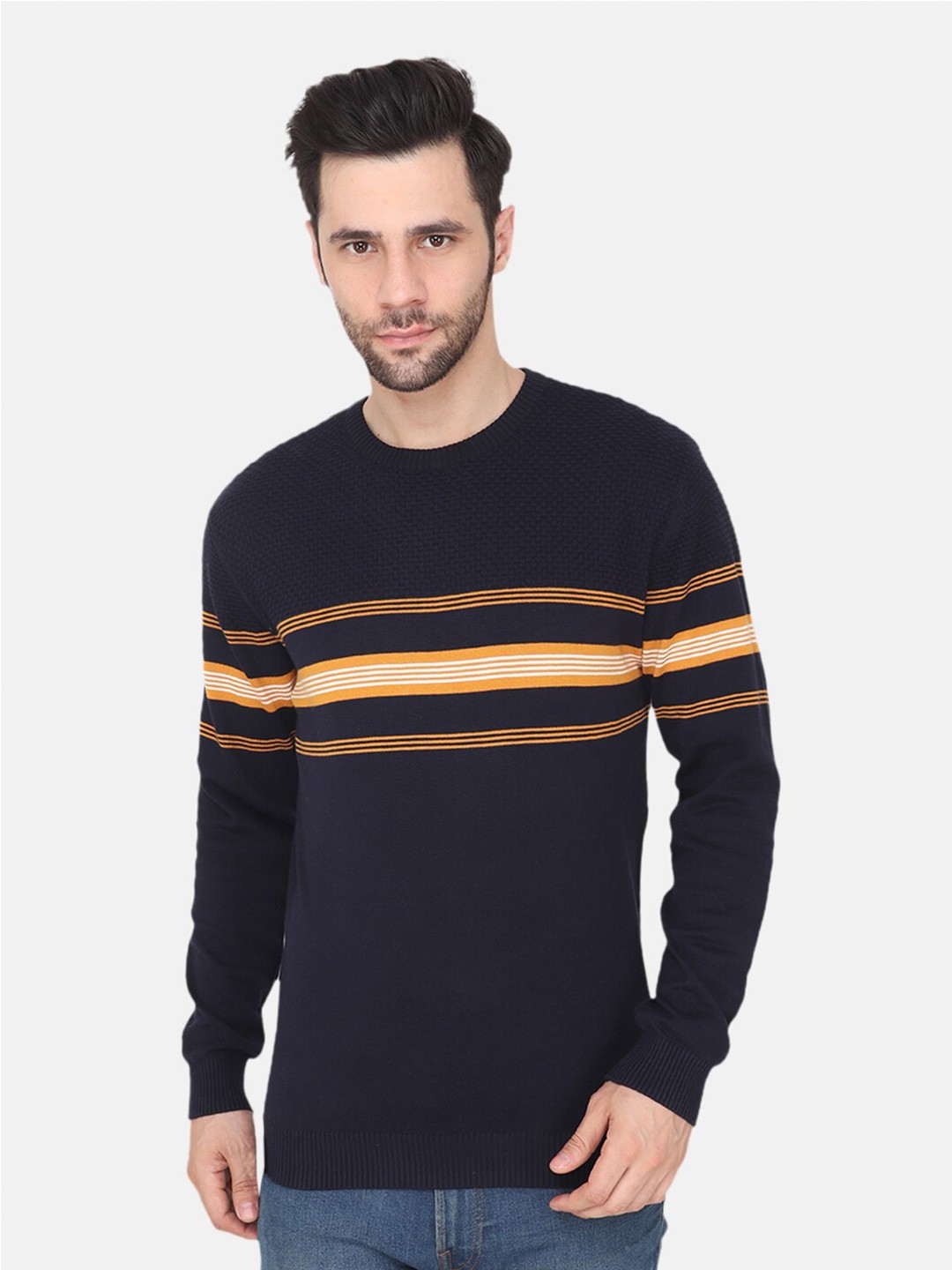 

Albion Men Navy Blue & Orange Striped Pullover