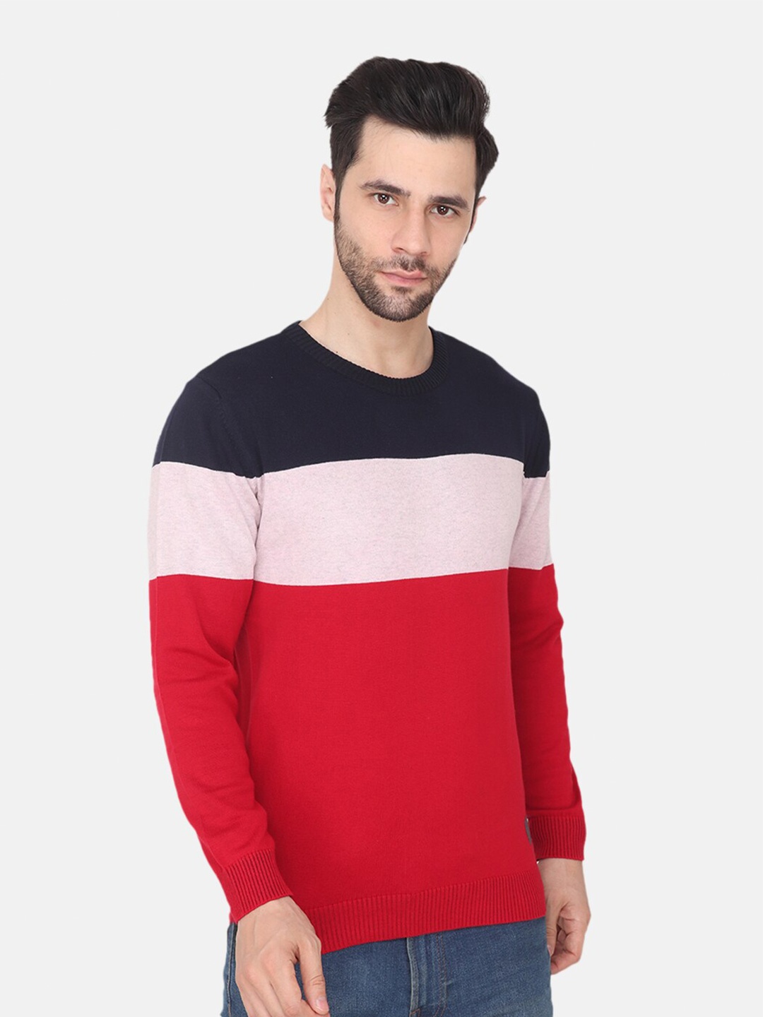 

Albion Men Red & Navy Blue Colourblocked Pullover