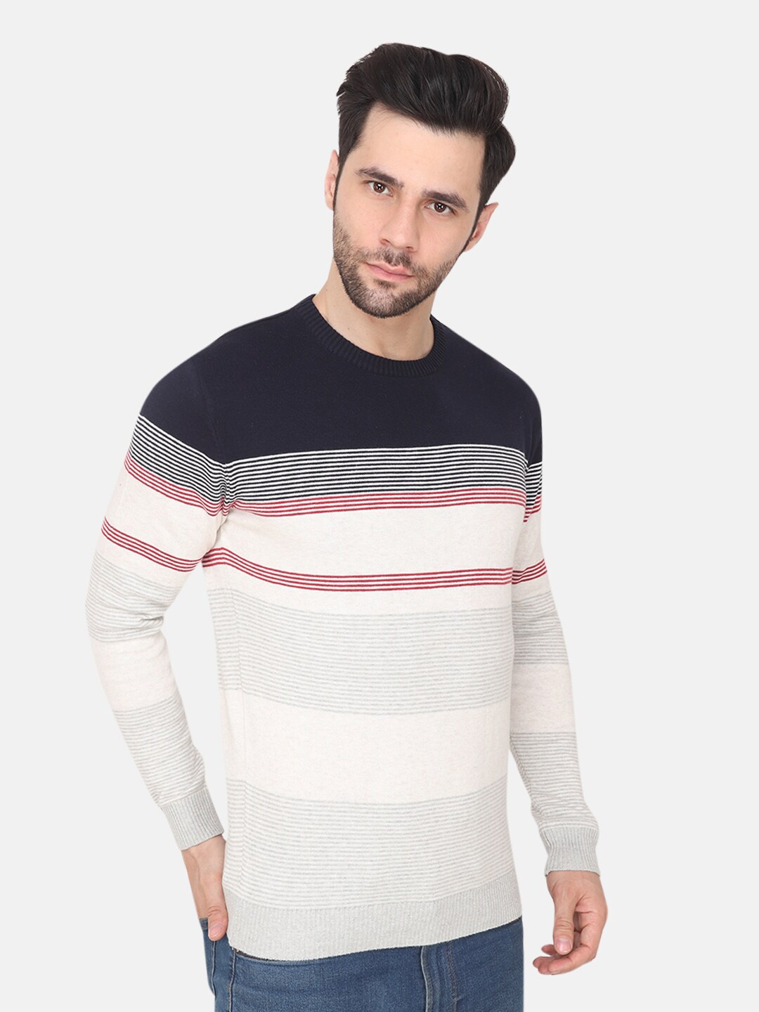 

Albion Men Navy Blue & White Striped Pullover