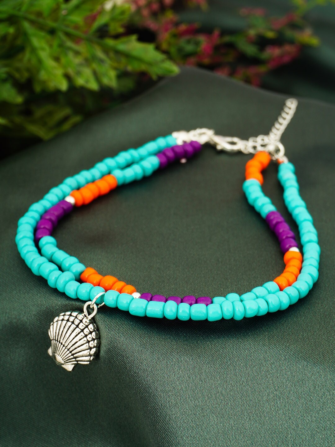 

Ferosh Blue & Orange Coloured Seashell Charm Layered Anklet