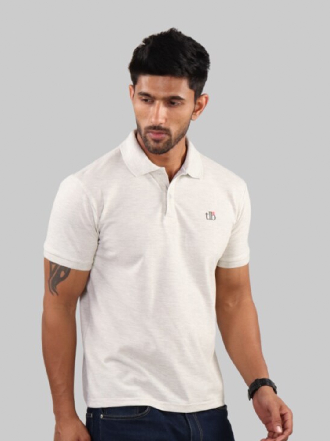 

The Label Bar Men Grey Polo Collar Cotton T-shirt