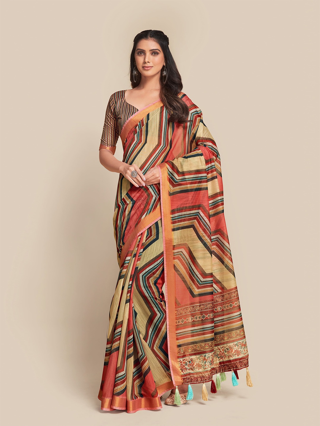 

Sangria Peach & Blue Geometric Printed Zari Saree