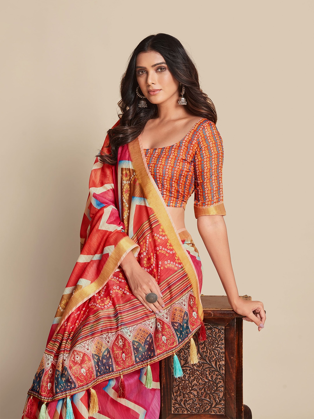 

Sangria Red & Blue Bandhani Zari Saree