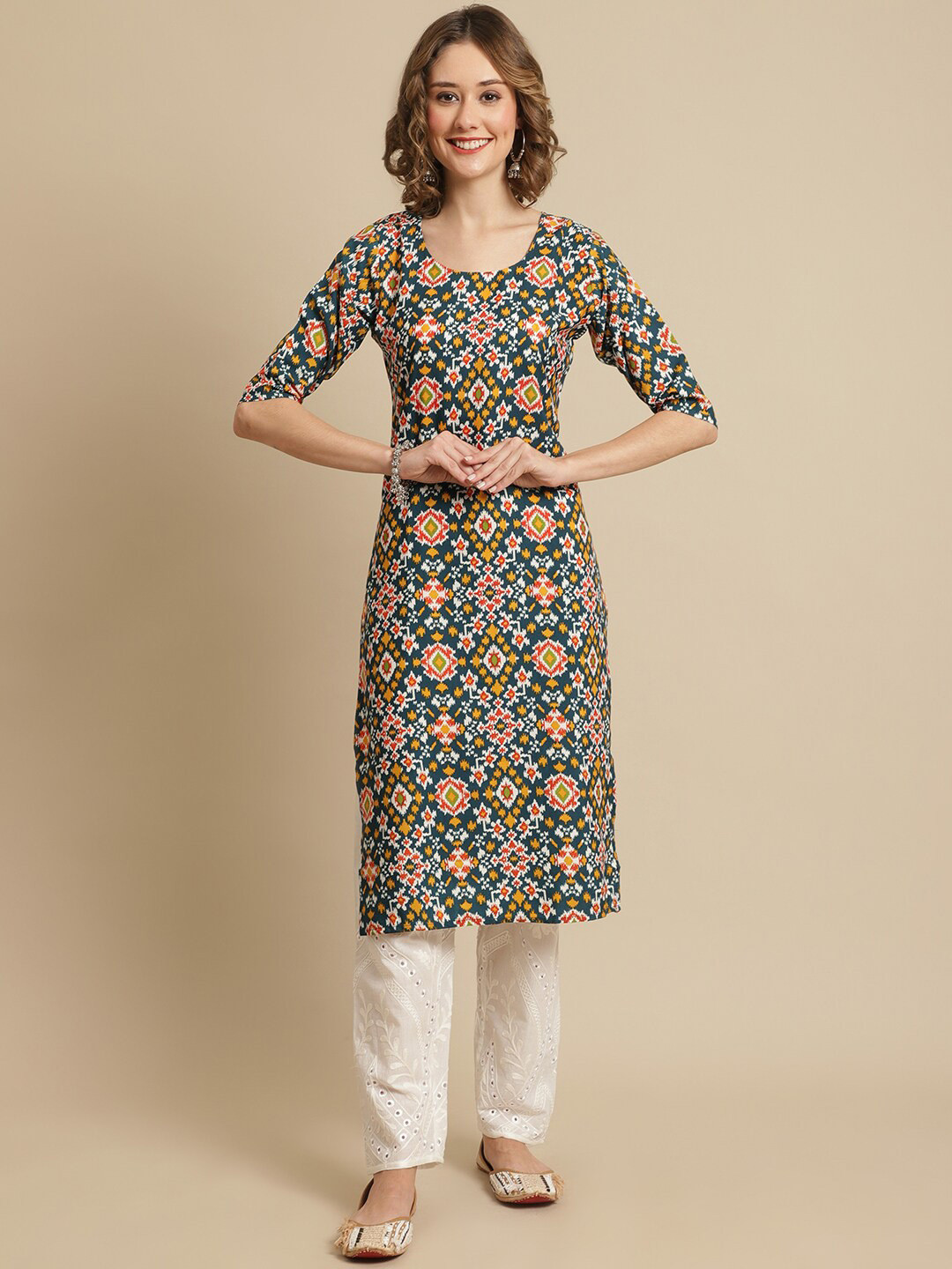 

KALINI Women Multicoloured Striped Block Print Handloom Crepe Kurta, Multi