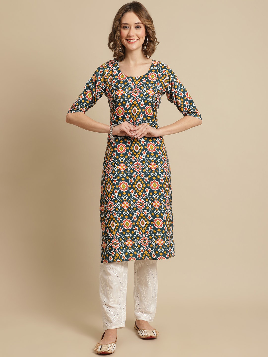 

KALINI Women Green & Black Ethnic Motifs Printed Crepe Kurta