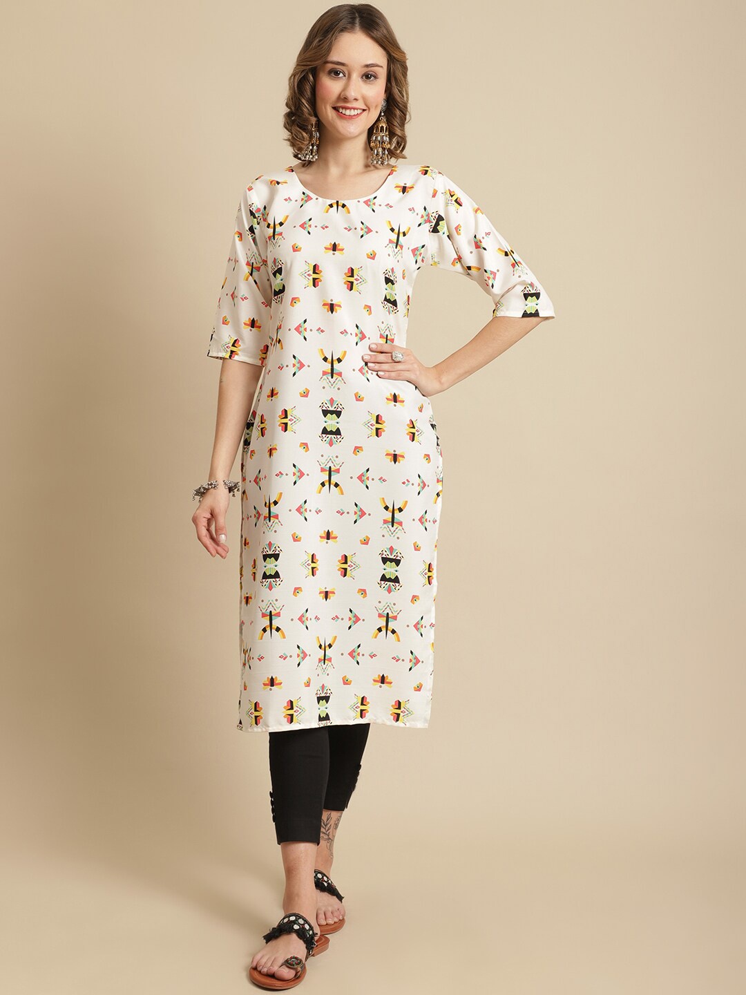 

KALINI Women Cream-Coloured & Red Ethnic Motifs Printed Crepe Kurta