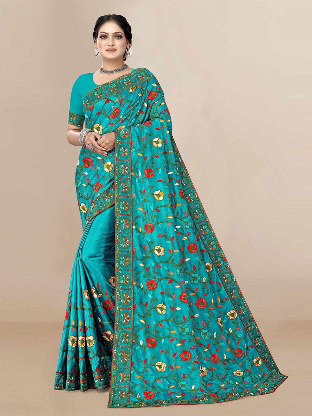

VAIRAGEE Turquoise Blue & Red Floral Embroidered Silk Blend Saree