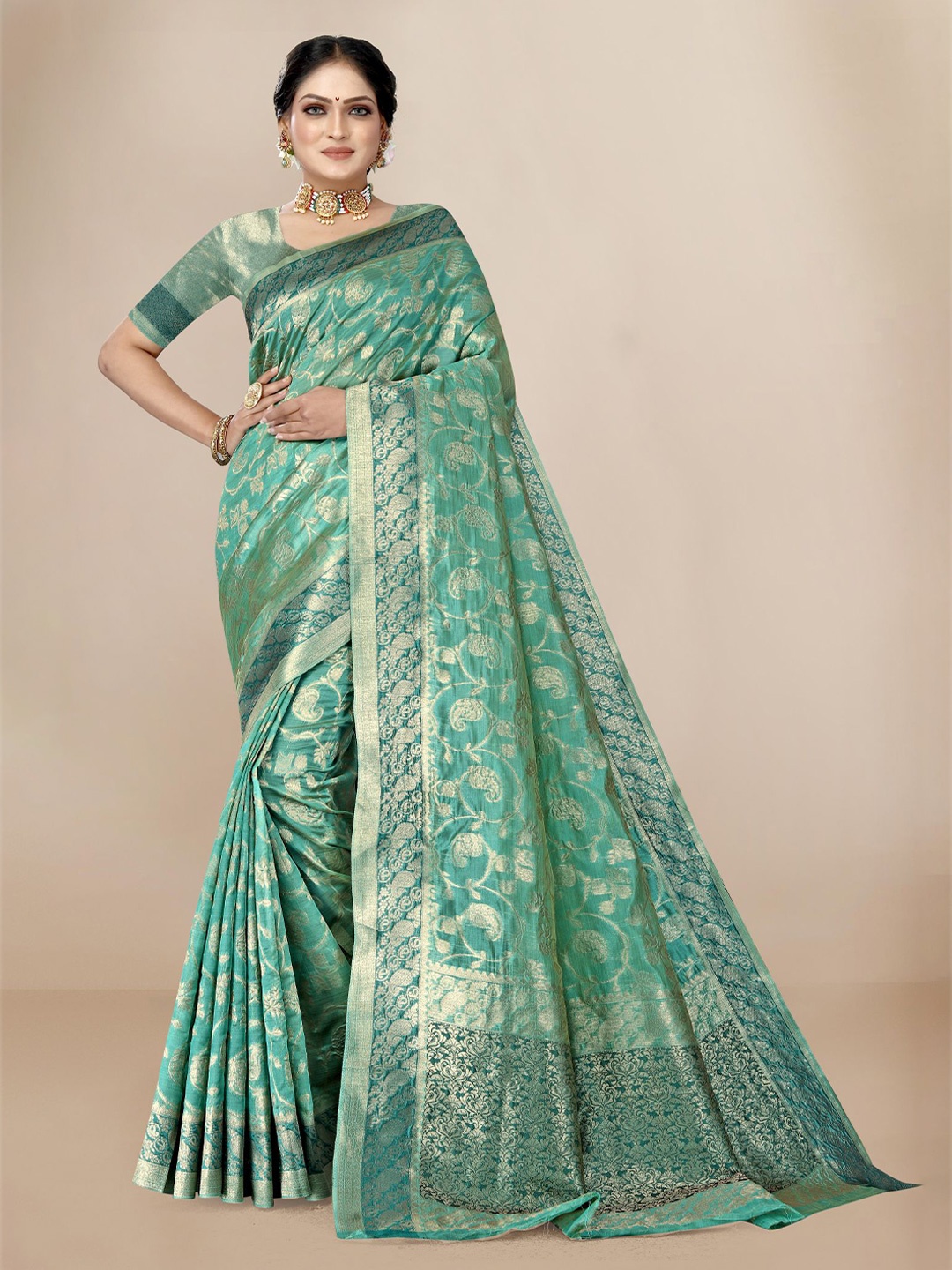 

VAIRAGEE Turquoise Blue & Gold-Toned Woven Design Zari Organza Saree