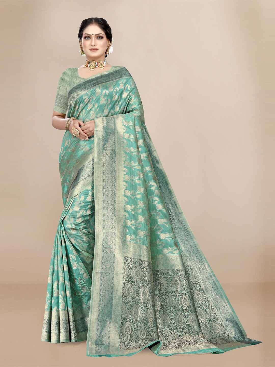 

VAIRAGEE Turquoise Blue & Gold-Toned Woven Design Zari Organza Saree