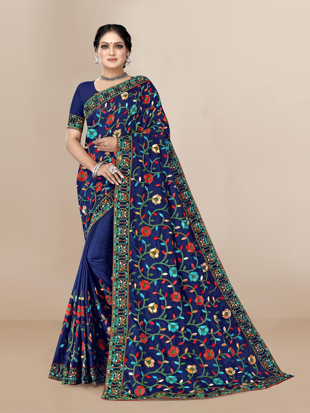 

VAIRAGEE Blue & Red Floral Silk Blend Saree
