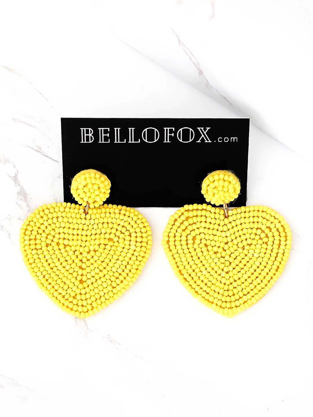 

Bellofox Yellow Beaded Heart Shaped Drop Earrings