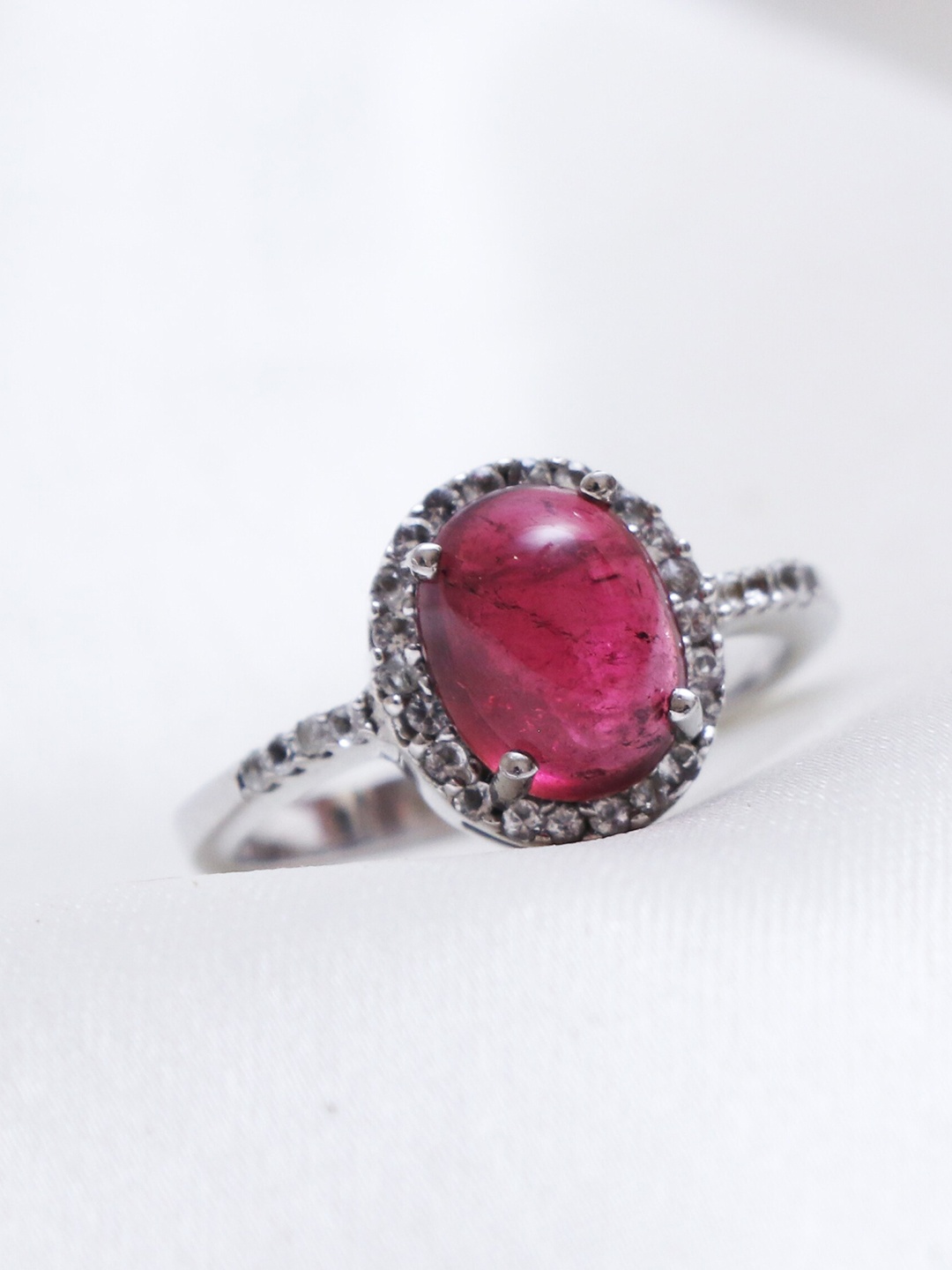 

HIFLYER JEWELS Silver-Toned Red Tourmaline Stone-Studded Finger Ring