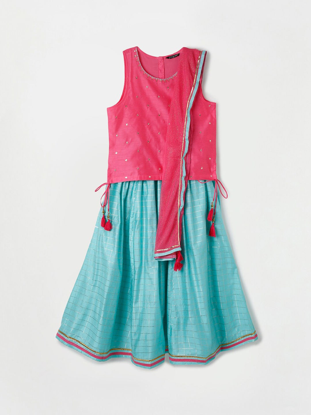 

Melange by Lifestyle Girls Teal & Pink Embellished Ready to Wear Lehenga Blouse & Dupatta